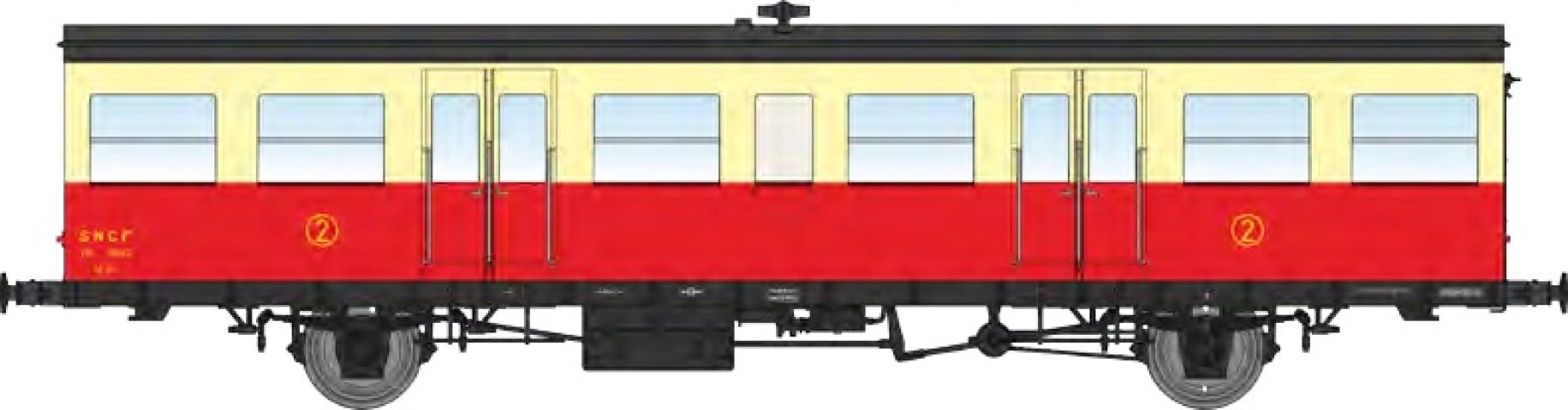 REE models VB-549 « Sud-Ouest » 15m 2nd class railcar XR trailer, red/cream with stove, period IIIb