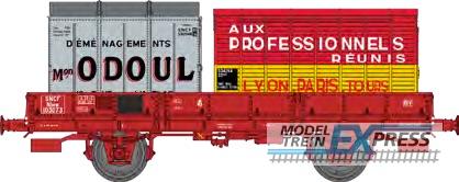 REE models WB-608 OCEM 29 FLAT Wagon Red SNCF Nhow 103073 Braked, Plain wheels Era III B + 2 Containers "ODOUL" et "AUX