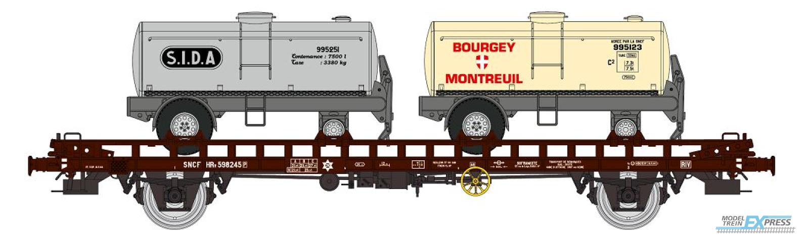 REE models WB-613 UFR double Era III with screw braking control HRv 598245 brown, black frame + 2 elliptical shaped tank trailers BOURGEY-MONTREUIL.