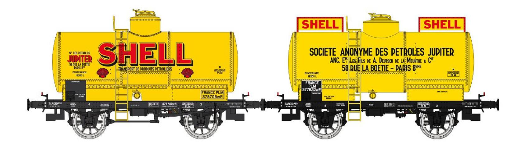 REE models WB-705 Set of 2 Tank Wagon SHELL JUPITER, Yellow and black frame, PLM Era II