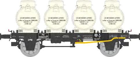 REE models WB-955 Flat car with 4 milk containers "MESSAGERIES LAITIERES" Era II PO