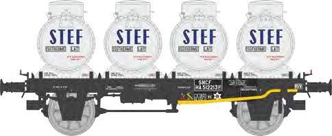 REE models WB-957 Flat car with 4 milk containers "STEF" Era IIIb SNCF