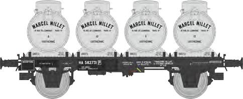 REE models WB-959 Flat car with 4 milk containers "MARCEL MILLET" Era III SNCF