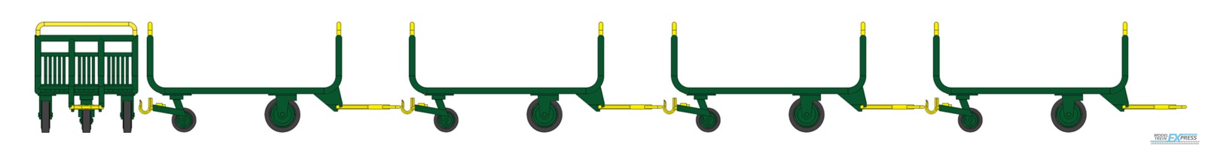 REE models XB-014 SET of 4 "metallic" luggage trolley, Era IV, Green - Yellow - PTT brown