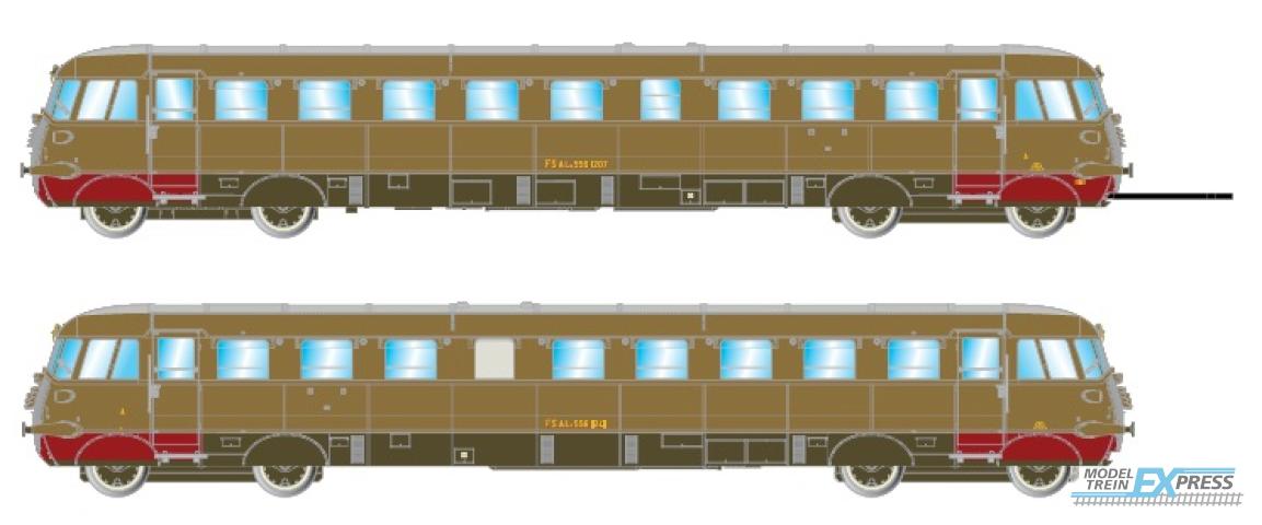 Rivarossi 2749 FS, diesel railcars Aln 556 first series, castano / isabella livery, with low big red fronts, set with 2 units, 1207 motorized + 1241 unmotorized, period III-IV