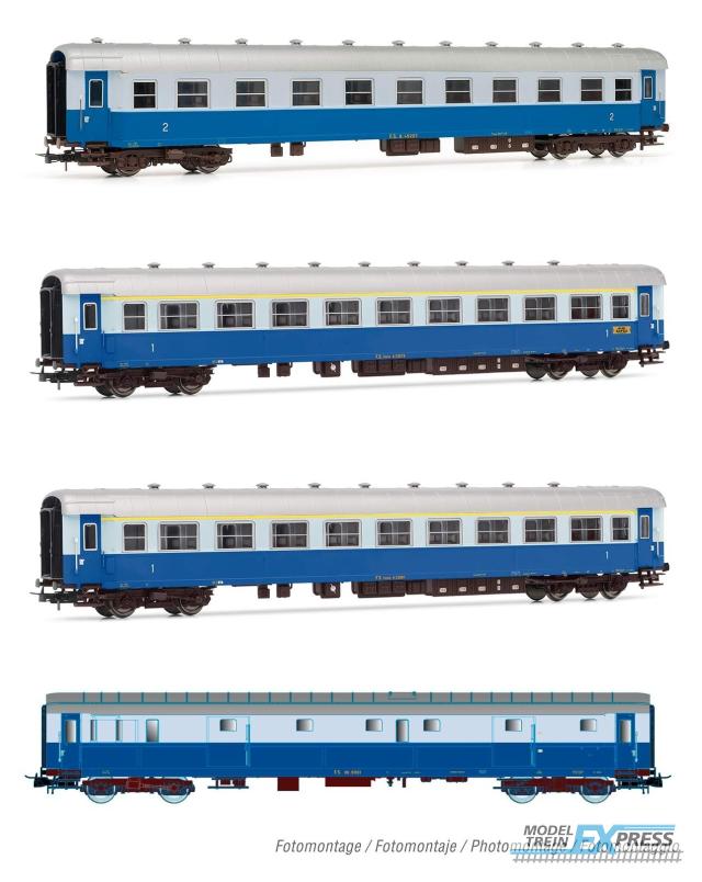 Rivarossi 4275 FS, fast train "Treno Azzurro", set composed by a luggage / mail van type '49, 2nd class type '59 with bar compartiment, two 1st class type '59 in blue / light blue livery, period III-IV