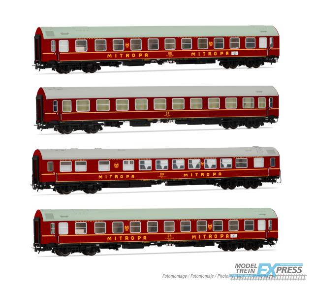Rivarossi 4343 DR, "Touristenexpress" 4-unit pack type OSShD coaches, set 1/2 (WL + WL + WR + Sd), red livery, period IV