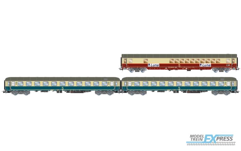 Rivarossi 4349 DB, 3-unit pack night train "Luna", bar coach WGmh 854 in red-beige livery + 2 x Bcm 246 in ocean-blue livery, ep. IV