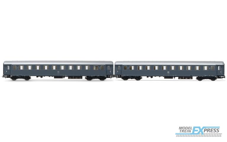 Rivarossi 4368 FS, 2-unit pack Bz 33010 Type 1946 2nd class, one with "ristoro" compartment, FS markings, grey livery, ep. IVa