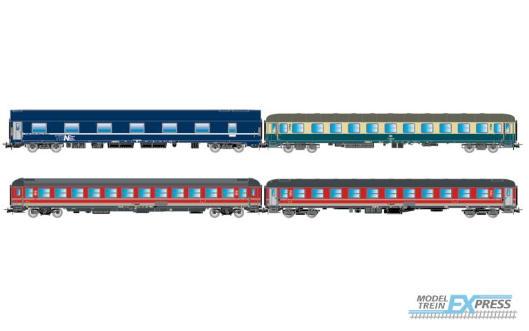 Rivarossi 4374 FS/DB/NS, 4-unit pack 1 "Italien-Holland-Express", NS WLABm MU TEN, DB Bcm 243 blue-beige, FS UIC-X 2nd cl. red-grey + FS UIC-X '68 couchette red-grey, ep. V