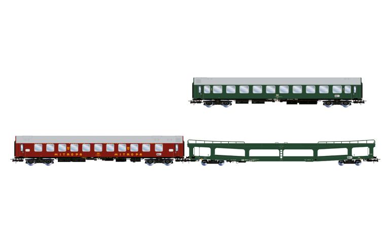 Rivarossi 4418 DR, 3-unit pack, car sleeper train Berlin - Lörrach, Bc, WLAB and DDm, green and red, ep. IV