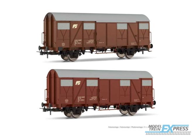 Rivarossi 6506 FS 2-units pack Gs closed wagons with flat walls inclined FS logo brown livery ep IV-V