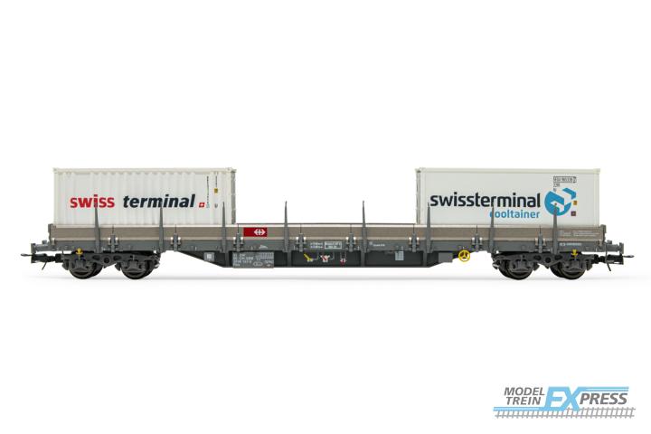 Rivarossi 6527 SBB CFF FFS, 4-axle flat wagon, silver livery, loaded with 2 x 20' container "swissterminal", period V