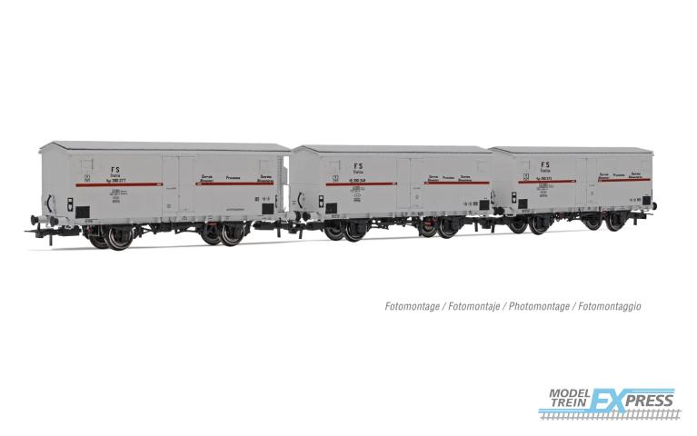 Rivarossi 6605 FS 3-unit pack refrigerated wagons Hgb 2-axles 2 without brakemans cab 1 with silver red stripe ep