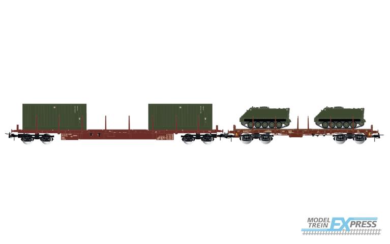 Rivarossi 6612 FS, 2-unit pack 4-axle flat wagons Rgs + Rgmms, loaded with two 20' containers + two military vehicles M113, ep. IV-V