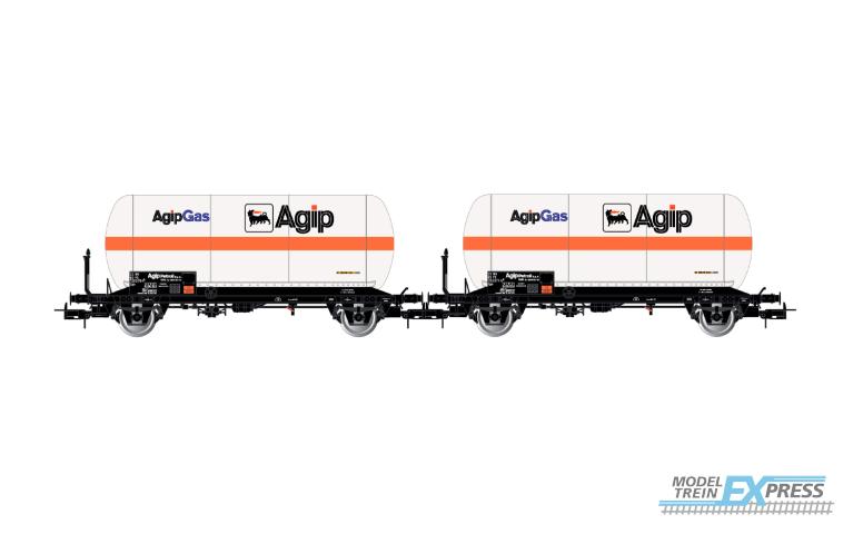 Rivarossi 6620 FS, 2-unit pack 2-axle gas tank wagons, white with orange stripe, "Agipgas", ep. IV