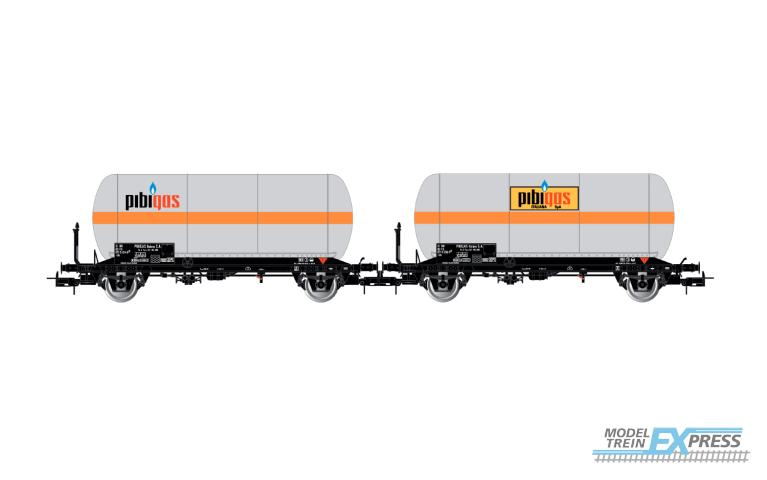 Rivarossi 6621 FS, 2-unit pack 2-axle gas tank wagons, silver with orange stripe, "Pibigas", ep. IVa
