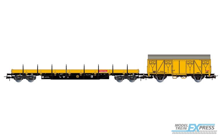 Rivarossi 6647 DB Bahnbau, 2-unit pack maintenance wagons, Res loaded with sleepers + Gs, yellow livery, ep. V-VI