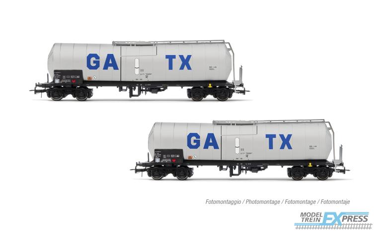 Rivarossi 6667 GATX, 2-unit pack 4-axle isolated tank wagons, light grey livery with big GATX logo, ep. VI