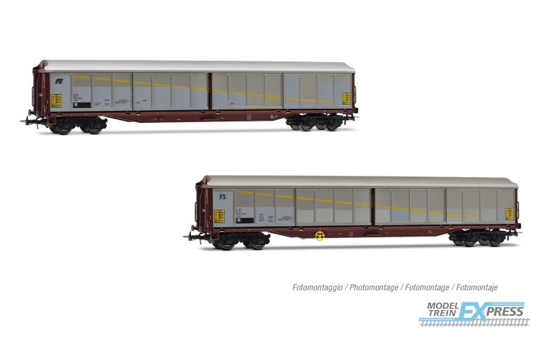 Rivarossi 6673 FS, 2-unit pack Habils closed wagons, silver/brown livery, inclined + rounded FS logo, ep. V