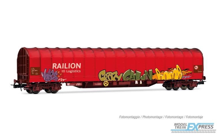 Rivarossi 6680 DB AG, 4-axle tarpaulin wagon Rils type, red livery "RAILION DB LOGISTICS" with graffiti, ep. V-VI