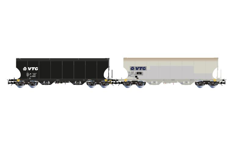 Rivarossi 6689 D-VTG, 2-unit pack 4-axle cereal hopper wagons, black and grey, ep. VI
