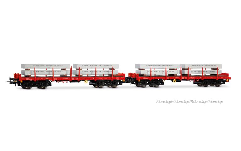 Rivarossi 6702 D-DBSR, 2-unit pack 4-axle flat wagons Rmms, traffic red, loaded with aluminum blocks, ep. VI