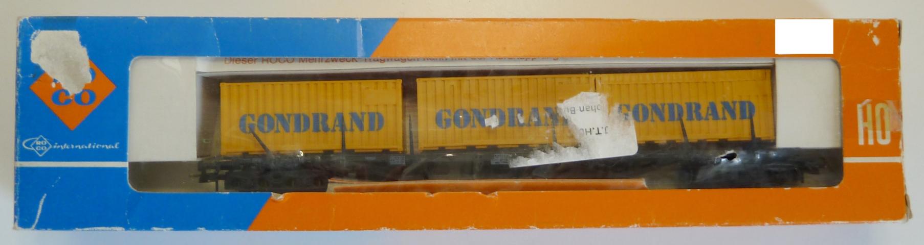 Roco gebruikt materiaal 4363B 4-assige rongenwagon met drie 20' containers "Gondrand", in goede staat, in licht beschadigde doos