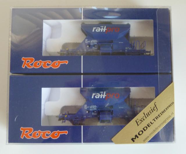 Roco gebruikt materiaal 45948 Set van 2 Fccpps Rail Pro grindwagens met verschillende bedr. nrs., in goede staat, in doos