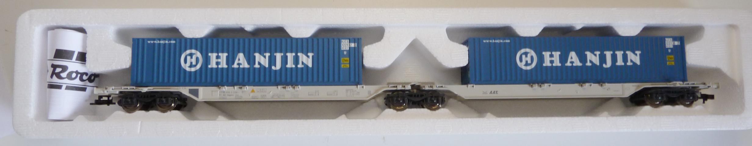 Roco gebruikt materiaal 47108 AAE dubbele draagwagen 40' containers "Hanjin", in goede staat, in doos