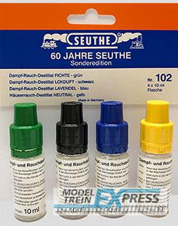 Seuthe 102 Set Dampf-Rauch-Destillat 4 x 10ml-Flasche, Sonderedition "60 Jahre Seuthe" , Fichte (grün), Lokduft (schwarz), Lavendel (blau), Häuserrauch neutral (gelb)