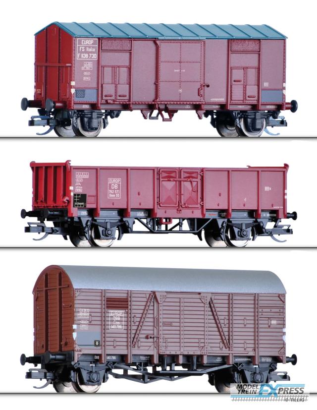 Tillig 1001 Güterwagenset der FS, ÖBB und DB, bestehend aus zwei gedeckten Güterwagen und einem offenen Güterwagen, Ep. III