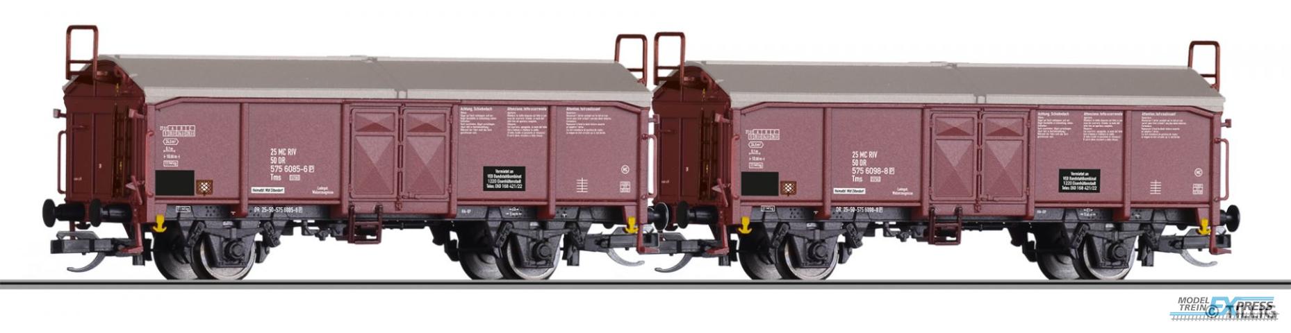 Tillig 1033 Güterwagenset der DR, bestehend aus zwei Schiebedachwagen Tms 5756, vermietet an VEB Bandstahlkombinat Eisenhüttenstadt, Ep. IV