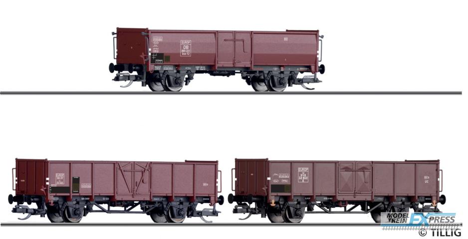 Tillig 1036 Güterwagenset der DB, SBB und DSB, bestehend aus drei offenen Güterwagen EUROP, beladen mit Steinkohle, Ep. III