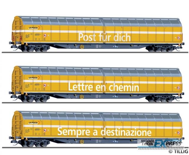 Tillig 1038 Güterwagenset der Schweizerischen Post, bestehend aus drei Schiebewandwagen Habbiillnss, Ep. VI