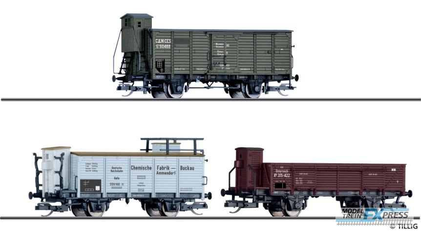 Tillig 1053 Güterwagenset der CES, DRG und BBÖ, bestehend aus einem gedeckten Güterwagen der CES, einem Flüssiggaswagen, eingestellt bei der DRG und einem offenen Güterwagen der BBÖ, Ep. II