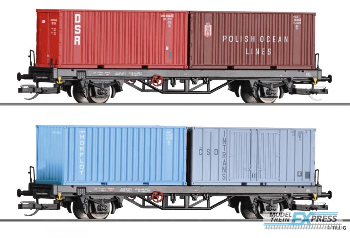 Tillig 1090 Güterwagenset der DR, bestehend aus zwei Containertragwagen Lgkks 4444 beladen mit je zwei 20' Containern, Ep. IV