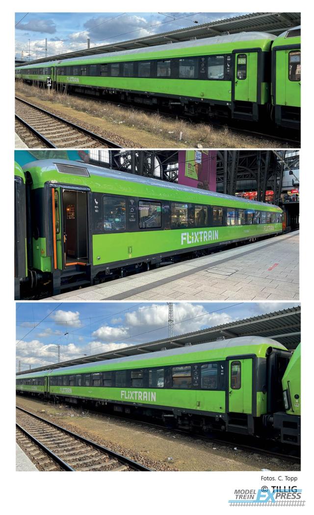Tillig 1100 Reisezugwagenset "Flixtrain", Teil 1, bestehend aus zwei Reisezugwagen Bmmz
264.4 und einem Bmmbz 166.4, Ep. VI