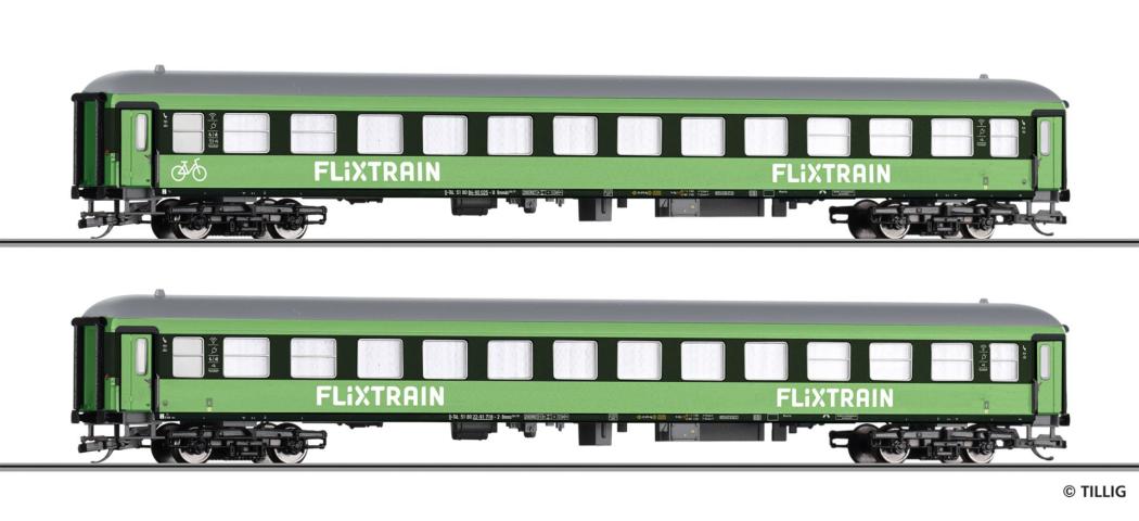Tillig 1101 Reisezugwagenset "Flix Train", Teil 2, bestehend aus einem Reisezugwagen mit Fahrradabteil Bmmdz 268.7 und einem Reisezugwagen Bmmz 264.7, Ep. VI