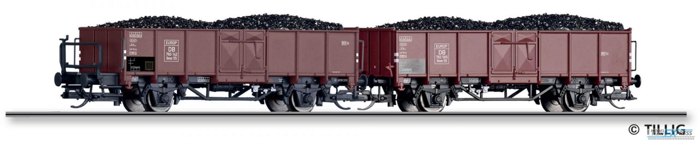 Tillig 1106 Güterwagenset der DB, bestehend aus zwei offenen Güterwagen Omm 55 mit
Steinkohle-Ladung, Ep. III
