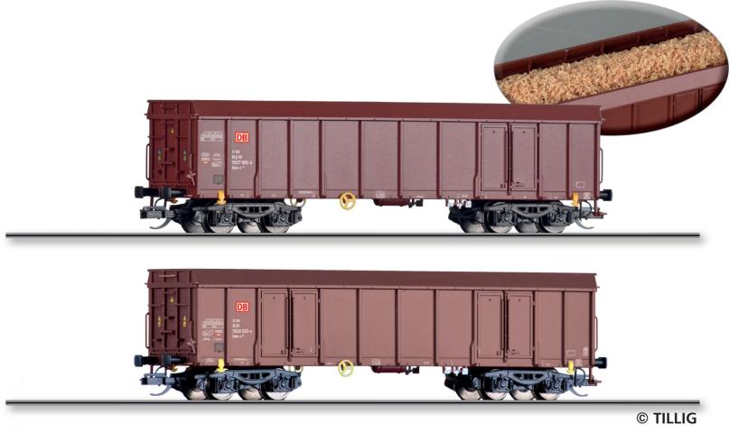 Tillig 1107 Güterwagenset der DB AG, bestehend aus zwei offenen Güterwagen Ealos-x 053, beladen mit Hackschnitzel, Ep. VI