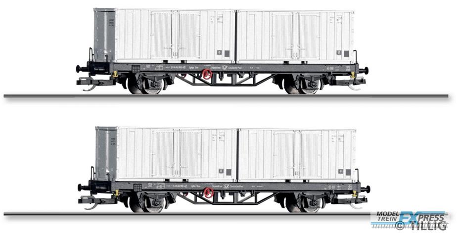 Tillig 1109 Güterwagenset der Deutschen Post, bestehend aus zwei Containertragwagen
Lgklps mit Beladung, Ep. IV