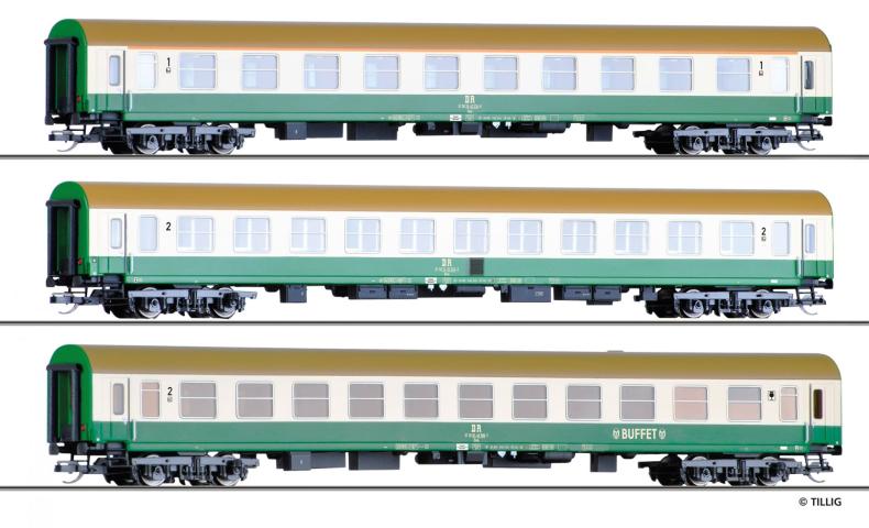 Tillig 1124 Reisezugwagenset Bauart Halberstadt der DR, Reisezugwagen 1. Klasse, Reisezugwagen 1./2. Klasse und Reisezugwagen 2. Klasse mit Buffetabteil, Ep. IV