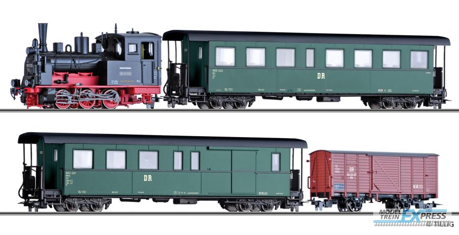 Tillig 1172 Zugset der DR, bestehend aus Dampflokomotive BR 99.57, einem Personenwagen KB4i, einem Packwagen KBD4i und einem gedeckten Güterwagen Gw, Ep. III