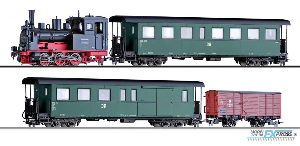 Tillig 1173 Zugset der DR, bestehend aus Dampflokomotive BR 99.47, einem Personenwagen KB4i, einem Packwagen KBD4i und einem gedeckten Güterwagen Gw, Ep. III