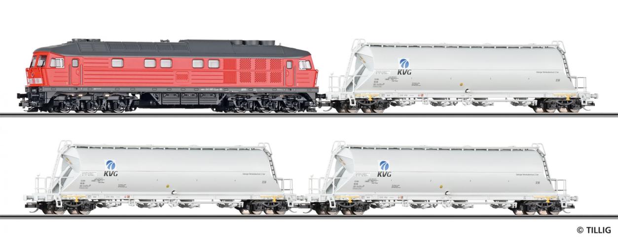 Tillig 1215 Premium-Einsteiger-Set: Güterzug der DB AG bestehend aus Diesellokomotive BR 232 und drei Staubbehälterwagen Uacs, Ep. V
