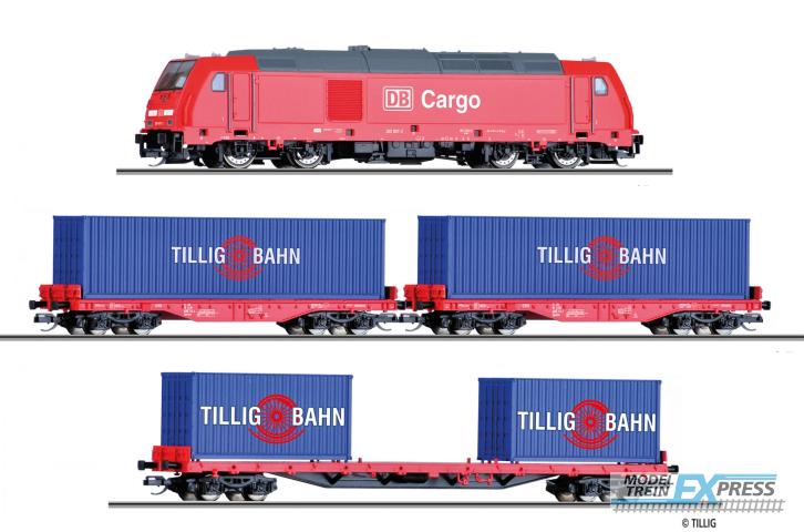 Tillig 1445 Einsteiger-Set: Güterzug der DB AG bestehend aus Diesellokomotive "TRAXX", zwei Flachwagen mit Beladung und einem Containertragwagen mit Beladung, Ep. VI