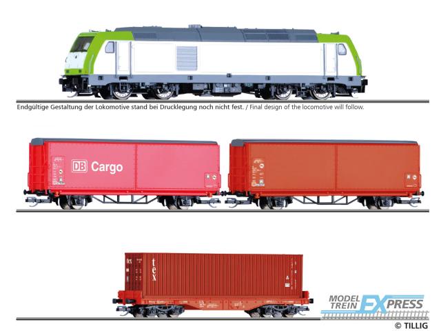 Tillig 1448 Einsteiger-Set: Güterzug der DB AG bestehend aus Diesellokomotive "TRAXX", zwei Schiebewandwagen Hbis-tt und einem Containertragwagen Sgmmns mit 40'-Container, Ep. VI