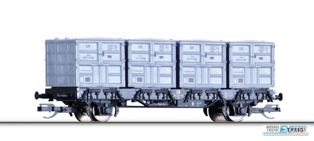 Tillig 14913 Behältertragwagen BT der DR, beladen mit vier Haus-zu-Haus-Behältern, Ep. III