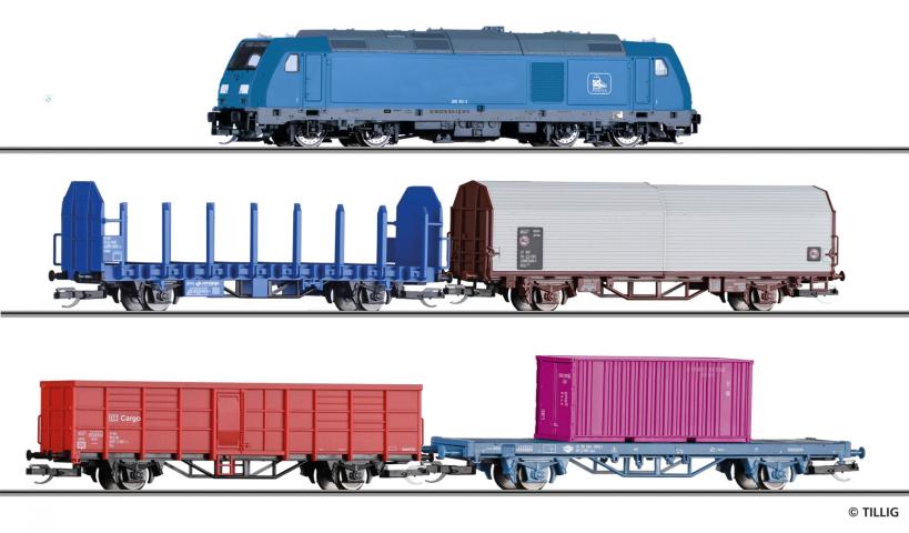 Tillig 1507 Einsteiger-Set: Internationaler Güterzug, bestehend aus Diesellokomotive "TRAXX", einem Rungenwagen Laps, einem Haubenwagen Kils, einem offenen Güterwagen Fbs und einem Containertragwagen Lgs, Ep. VI